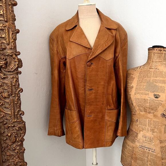 Jacket Genuine Leather Button Down Pockets Vintage 1960s 1970s - Picture 1 of 16